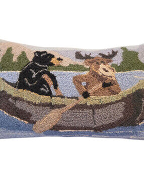 Peking Handicraft Bear and Moose on Canoe Hook Pillow 20-inch long Wool Cabin